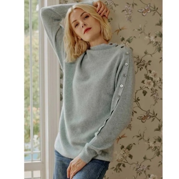 GENTLE HERD Slouchy Knitted Cashmere Tunic Mock Sweater Button Sleeve - Picture 1 of 10